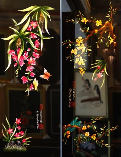 Bức tranh thêu hoa lan vào xuân, kèm theo đó là mai...