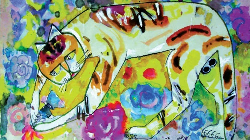 Mèo bắt bướm - acrylic trên giấy dó