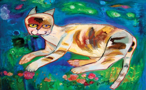 Mèo tam thể - acrylic trên giấy dó