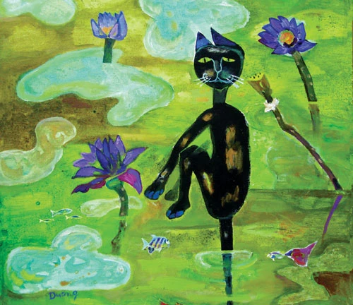 Mèo mun câu cá - sơn dầu