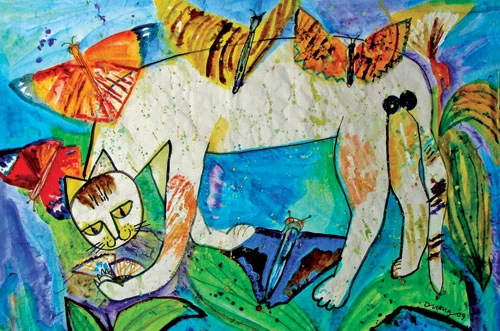 Mèo vờn bướm - acrylic trên giấy dó