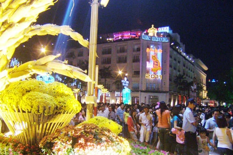 Trên tòa nhà trên đường hoa Nguyễn Huệ xuất hiện chú mèo ấn tượng.