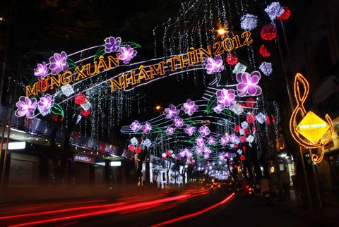 Đường Đồng Khởi (quận 1) được trang trí bằng hoa đào...