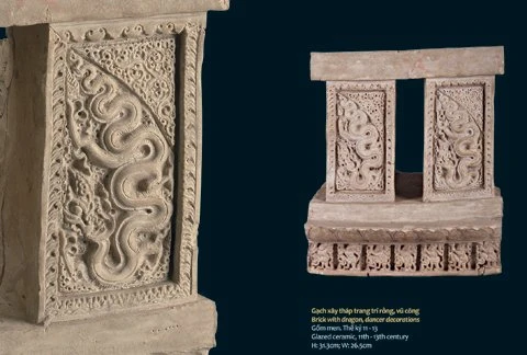 Gạch xây tháp trang trí rồng, vũ công. Chất liệu gốm men thế kỷ 11 - 13