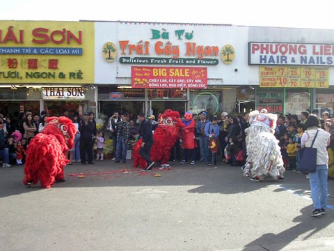 Người Việt đón xuân rực rỡ ở Cali ảnh 3 Mọi người đi chợ tết háo hức xem màn múa lân.