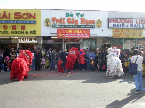 Mọi người đi chợ tết háo hức xem màn múa lân.
