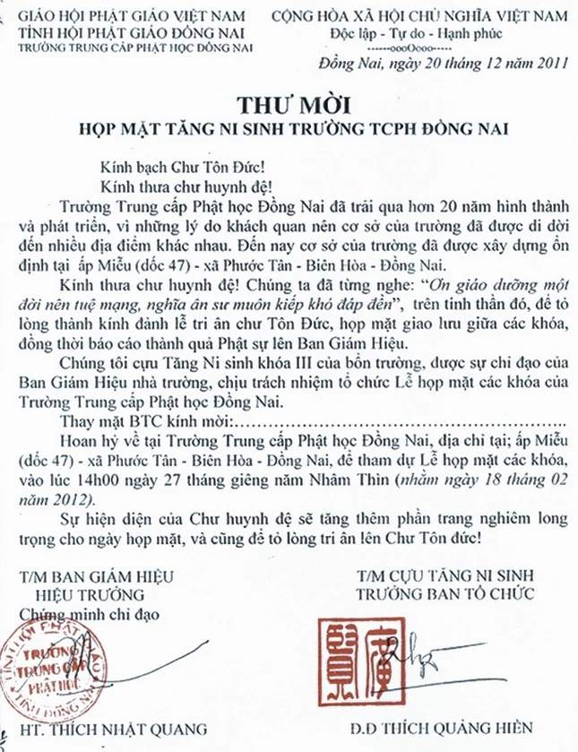 Mời họp mặt Tăng Ni sinh Trường TCPH Đồng Nai ảnh 1 thu.jpg