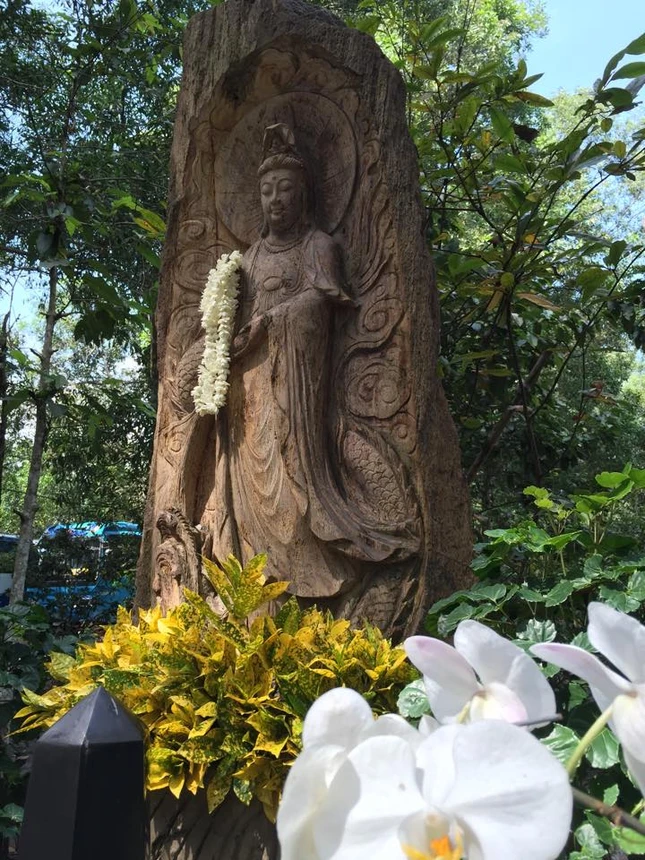 Tịnh thất Xá Lợi an vị tượng Bồ-tát khắc trên gỗ hóa thạch ảnh 1 1DK.jpg