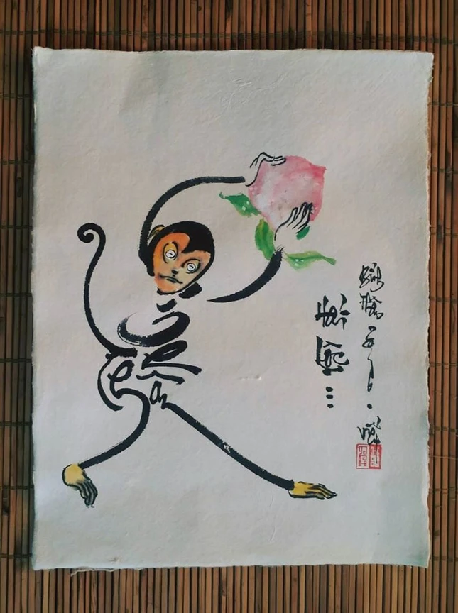 Thư họa về khỉ của một người trẻ yêu thư pháp ảnh 2 a khi 1.jpg