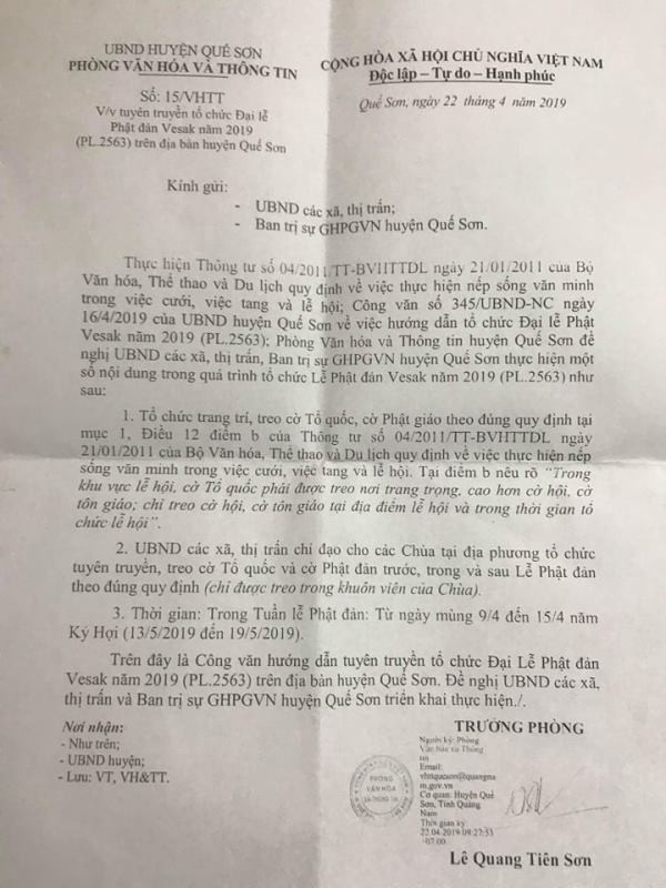 Văn bản số 15/VHTT của Phòng Văn hóa - Thông tin huyện Quế Sơn gây lo lắng cho Tăng Ni địa phương - Ảnh: Nh.Q Văn bản số 15/VHTT của Phòng Văn hóa - Thông tin huyện Quế Sơn gây lo lắng cho Tăng Ni địa phương - Ảnh: Nh.Q