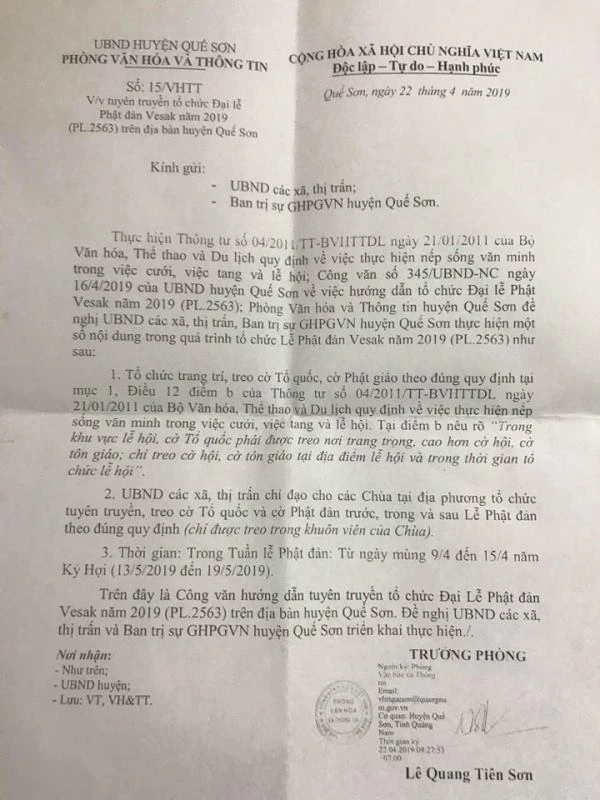 Văn bản số 15/VHTT của Phòng Văn hóa - Thông tin huyện Quế Sơn gây lo lắng cho Tăng Ni địa phương - Ảnh: Nh.Q