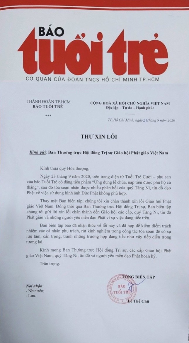 BBT Báo Tuổi Trẻ chính thức xin lỗi Giáo hội, Tăng Ni, Phật tử ảnh 4 Thu xin loi Bao TT.jpg