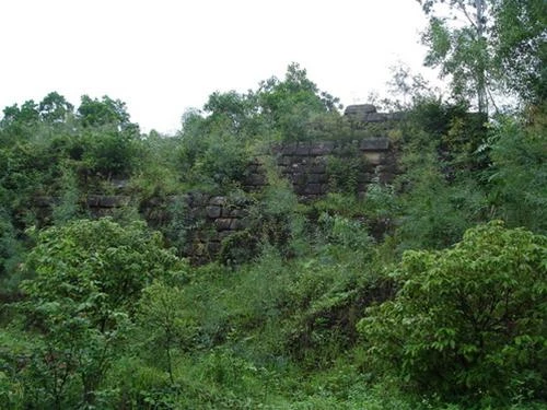 Bức tường đá cổ của chùa còn sót lại giờ cũng vùi trong cỏ cây