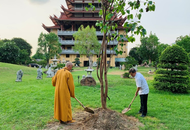 Trưởng lão Hoà thượng Thích Trí Quảng và ông Lê Minh Trí trồng cây Bồ-đề tại chùa Huê Nghiêm.