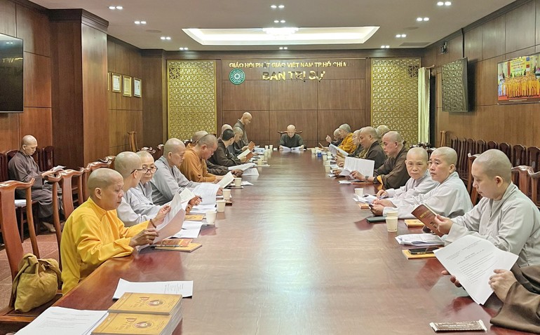 Ban Hoằng pháp Phật giáo TP.HCM họp rà roát công tác tổ chức hội thi diễn giảng, ngày 16-7-2023
