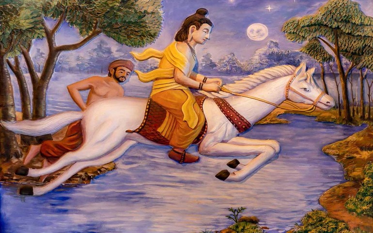 Thái tử Tất Đạt Đa cùng ngựa Kiền Trắc vượt qua dòng sông Anoma