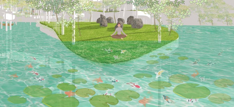 Không gian tĩnh trong đồ án “On the floating leaves” giải vàng của Hội đồng Kiến trúc sư Khu vực Châu Á tổ chức năm 2021 - Ảnh: NVCC