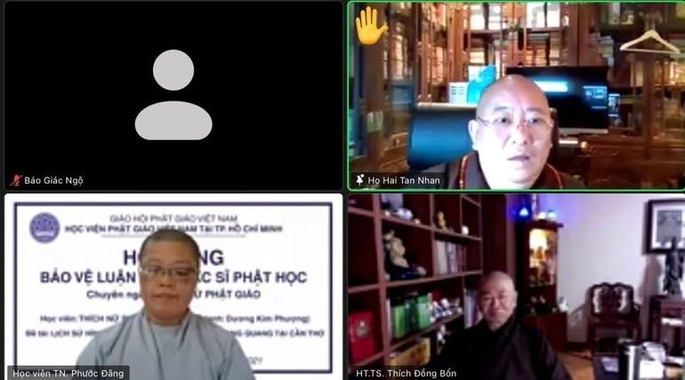 Lần đầu tiên Phòng Sau đại học thuộc Học viện Phật giáo VN tại TP.HCM tổ chức bảo vệ luận văn bằng hình thức trực tuyến - Ảnh chụp màn hình