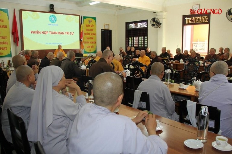 Phiên họp toàn Ban Trị sự GHPGVN tỉnh Thừa Thiên Huế với sự tham dự của Trưởng lão Hòa thượng Thích Giác Quang - Phó Thư ký Ban Thường trực Hội đồng Chứng minh và chư vị Giáo phẩm chứng minh ngày 11-9-2022 đã thống nhất được nhân sự chủ chốt - Ảnh: Quảng Điền
