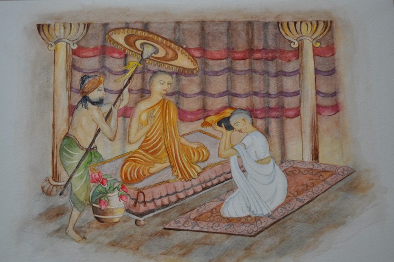 Trưởng lão Ni Sanghamittà và thứ phi Anula - Tranh của Mala Wijekoon