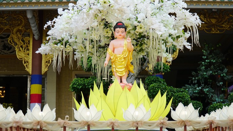 Thánh tượng Đức Phật sơ sinh trên xe hoa kính mừng Phật đản của Báo Giác Ngộ