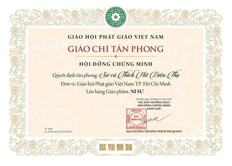 Mẫu Giáo chỉ tấn phong giáo phẩm Ni sư vừa được Hội đồng Chứng minh ban hành, thay thế các biểu mẫu Giáo chỉ tấn phong trước đây - Ảnh chỉ mang tính minh họa