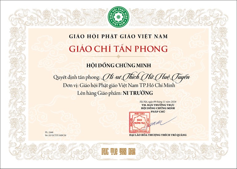 Giáo chỉ tấn phong giáo phẩm Ni trưởng vừa được Hội đồng Chứng minh ban hành lần đầu tiên cho đợt xét duyệt tấn phong năm 2024 - Ảnh chỉ mang tính minh họa