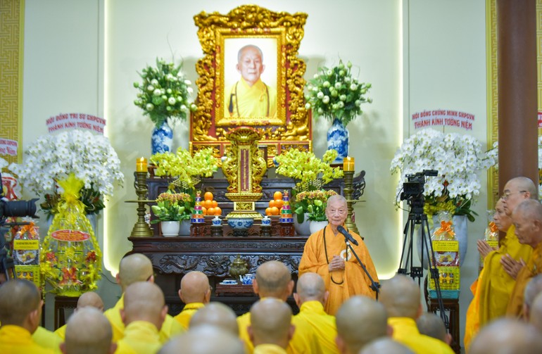 Lễ tưởng niệm 10 năm ngày Đại lão Hòa thượng Thích Trí Tịnh (1917-2014), Đệ nhất Phó Pháp chủ, Chủ tịch HĐTS GHPGVN viên tịch tại chùa Vạn Đức (TP.Thủ Đức) - Ảnh: Quảng Đạo