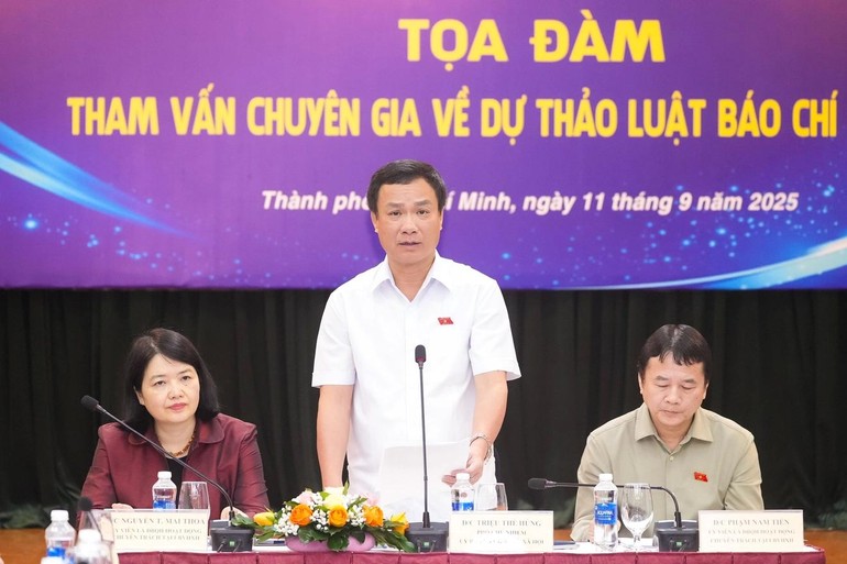 Phó Chủ nhiệm Ủy ban Văn hóa và Xã hội của Quốc hội Triệu Thế Hùng phát biểu tại buổi tọa đàm - Ảnh: Hữu Hạnh/TTO