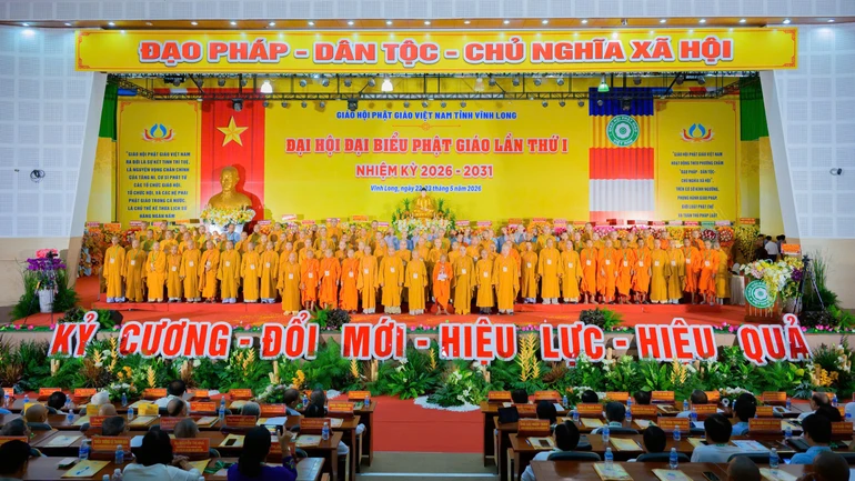 Tân Ban Trị sự GHPGVN tỉnh Vĩnh Long, nhiệm kỳ 2026-2031 ra mắt đại hội - Ảnh: Tâm Quý/BGN