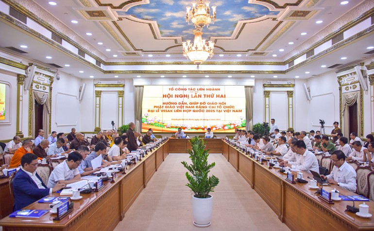 Quang cảnh Hội nghị lần thứ 2 Tổ công tác liên ngành hướng dẫn, giúp đỡ GHPGVN đăng cai tổ chức Đại lễ Vesak Liên Hiệp Quốc 2025 - Ảnh: Quảng Đạo/BGN