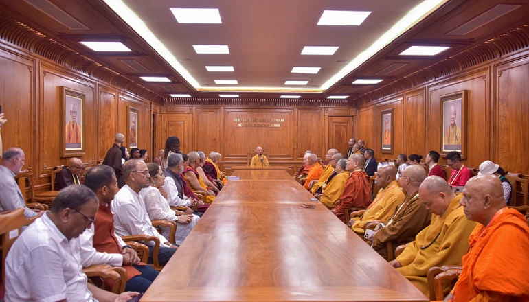 Đức Pháp chủ tiếp đoàn Lãnh đạo ICDV và các phái đoàn Phật giáo thế giới tại Việt Nam Quốc Tự - Ảnh: Quảng Đạo/BGN