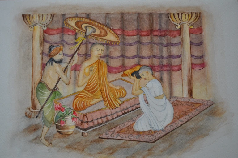 Trưởng lão Ni Sanghamittà và thứ phi Anula - Tranh của Mala Wijekoon