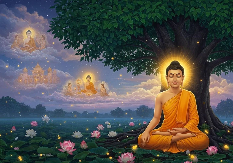 Bồ-tát hướng đến giác ngộ tối hậu bằng cách tuần tự nhập Sơ thiền, Nhị thiền, Tam thiền và Tứ thiền - Tranh Phật giáo nước ngoài