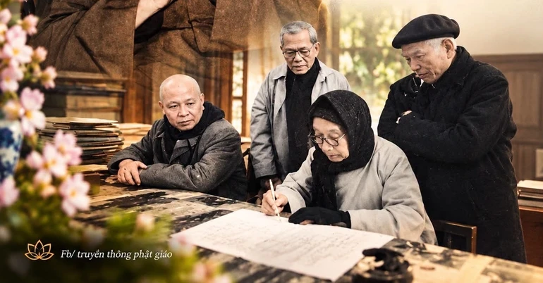 Hòa thượng Thích Từ Hạnh (đứng sau, bên trái) bị thay đổi với mái tóc muối tiêu; Hòa thượng Thích Thanh Tứ (đứng bên phải ngoài cùng) bị biến thành một người khác hoàn toàn, đầu đội mũ nồi thời trang, tóc dài..., các chi tiết không gian lịch sử bị đổi, thêm tùy tiện - (trích ảnh bạn đọc sưu tầm gửi tòa soạn)