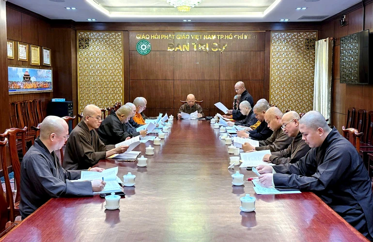 Chư tôn đức họp thống nhất công tác tổ chức Đại giới đàn Thanh Kiểm Phật lịch 2570, vào sáng nay, 20-4-2026, tại Việt Nam Quốc Tự - Ảnh: M.Thuận