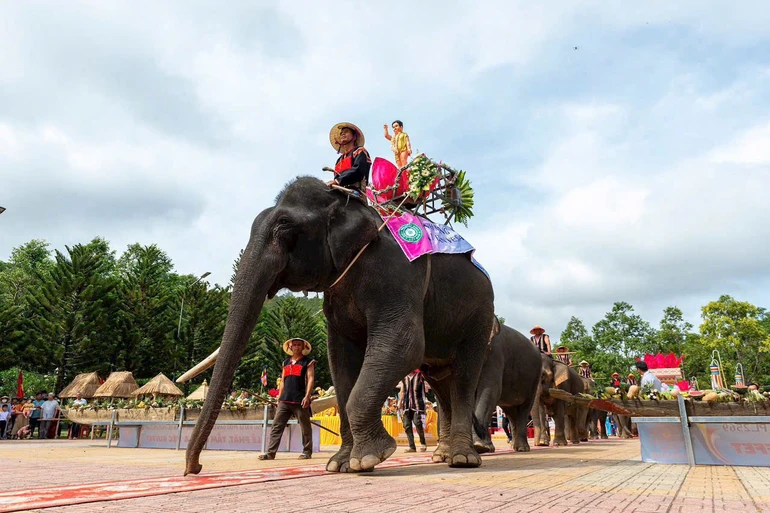 Đoàn voi cung rước tôn tượng Đức Phật đản sinh tại H.Lắk