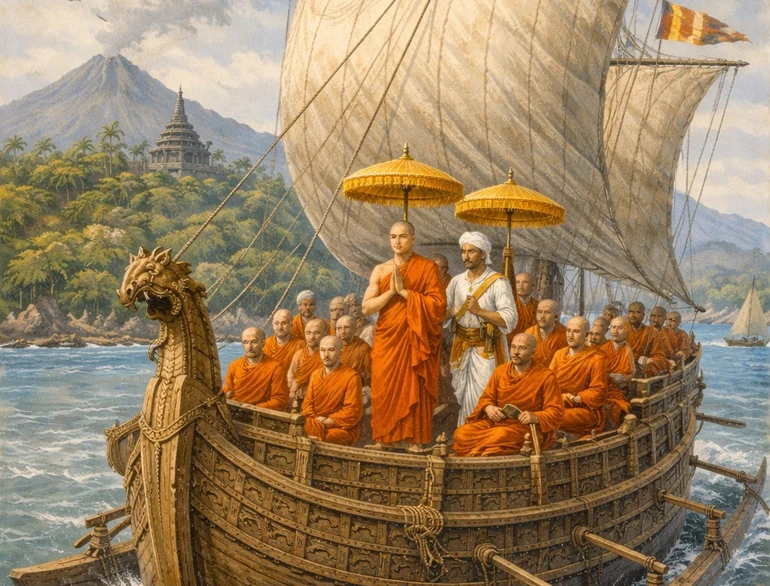 Chư Tăng Ấn Độ đến đảo Java - Tranh minh họa do AI thực hiện