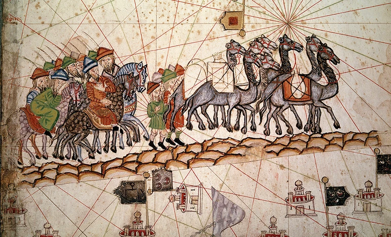 Hành trình trên Con đường tơ lua, tranh của Abraham Cresques (1325-1387), được minh họa trên giấy da, Paris, Pháp, 1375