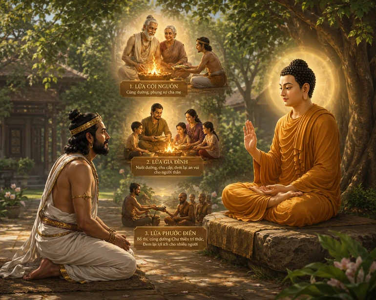 "Nếu Bà-la-môn nào siêng năng, tùy thời cúng dường, cung kính, lễ bái, phụng sự ba thứ lửa thì sự bố thí này đưa đến an vui. Là ba thứ lửa nào? Một là lửa cội nguồn, hai là lửa gia đình, ba là lửa phước điền"