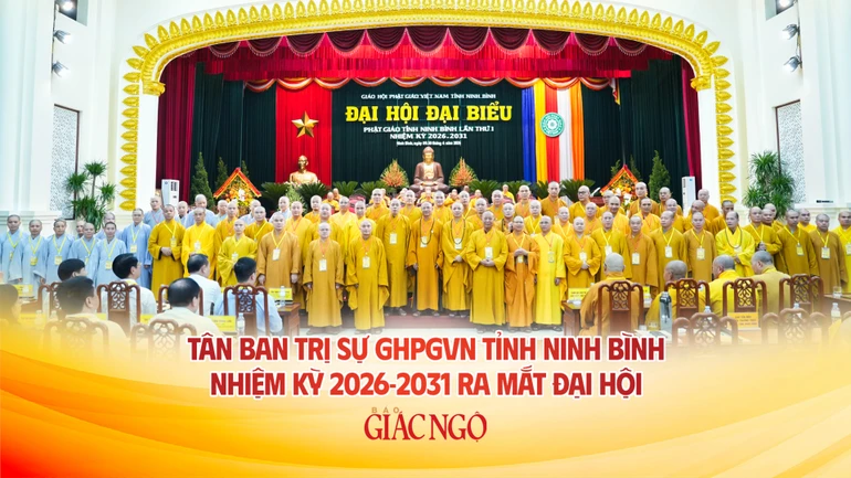 Tân Ban Trị sự GHPGVN tỉnh Ninh Bình nhiệm kỳ 2026-2031 vừa được suy cử sáng nay, 10-4-2026, tại thiền viện Trúc Lâm Thiên Trường - Ảnh: Nguyện Truyền/BGN