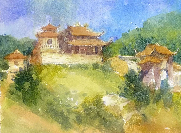 Thiền viện Trúc Lâm nằm trên núi Phụng Hoàng (Đà Lạt) - Ký họa: KTS.Nguyễn Khánh Vũ