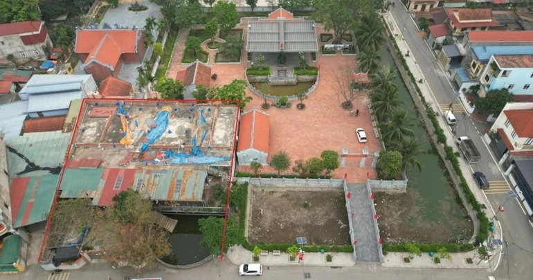 Vị trí khoanh đỏ là chùa Hưng Khánh, đình Vân Nội nằm trong kế hoạch di dời sang vị trí mới. Bên cạnh là Nhà tưởng niệm, Đền thờ bà Hoàng Thị Loan - thân mẫu Chủ tịch Hồ Chí Minh - Ảnh: Nguyễn Dương