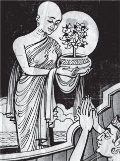 Đức vua đã quỳ gối đi xuống tận bãi biển để tiếp nhận cái bát có chứa nhánh của cây Bồ đề