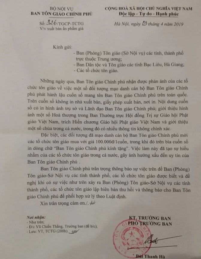 Công văn số 326/TGCP-TCTG