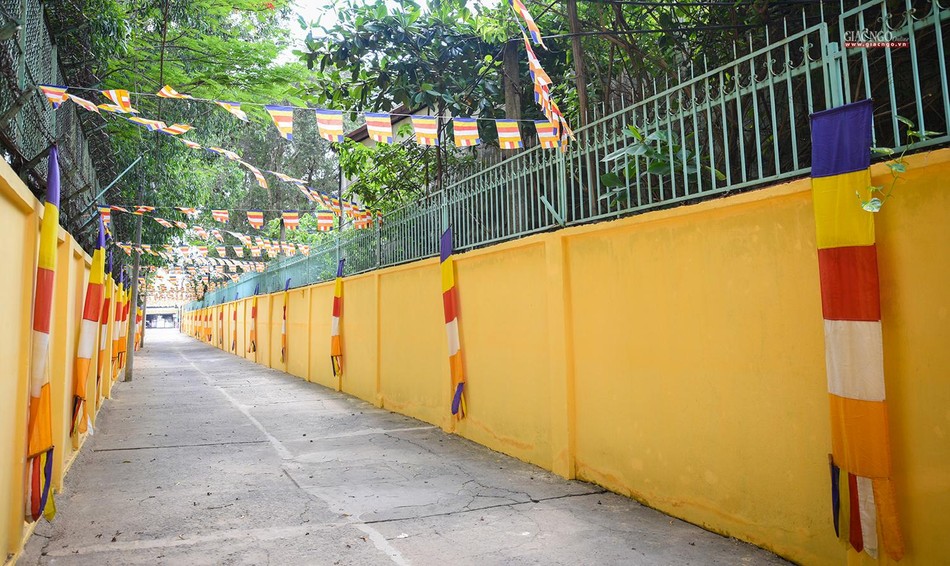 Cờ Phật giáo được trang trí rực rỡ 2 bên đường vào chùa Giác Huệ
