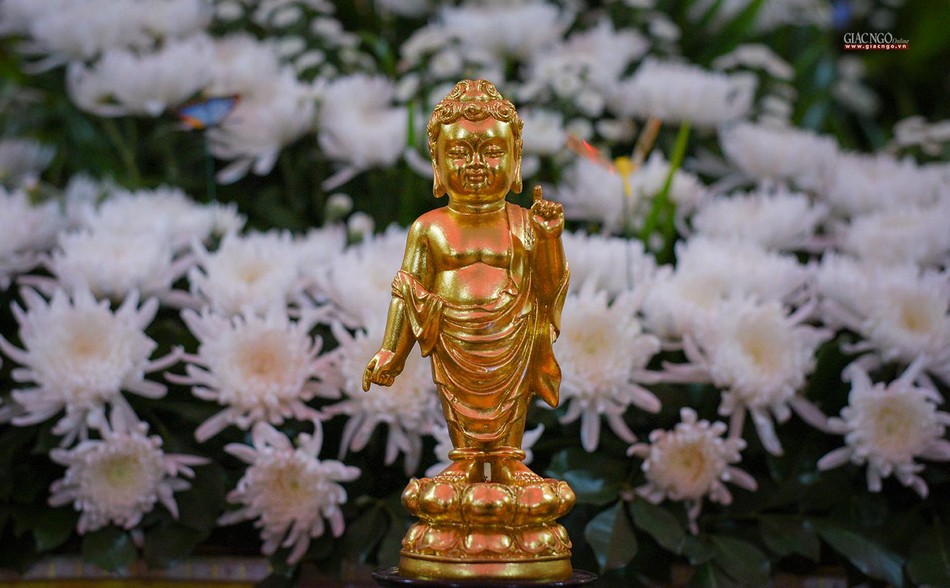 Đầu cúi lạy, đấng Từ-tôn xuất hiện/ Đến Ta-bà để ứng hóa, độ sanh (tôn tượng Phật đản sanh ở chùa Võ Linh, huyện Nhà Bè)