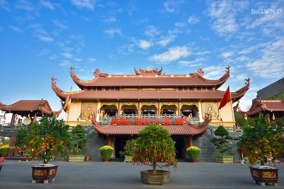 Khuôn viên Việt Nam Quốc Tự - Trung tâm Văn hóa hành chánh, tâm linh của Phật giáo TP.HCM được thiết trí trần ngập hoa tươi, cây xanh để đón chào Xuân Ất Tỵ