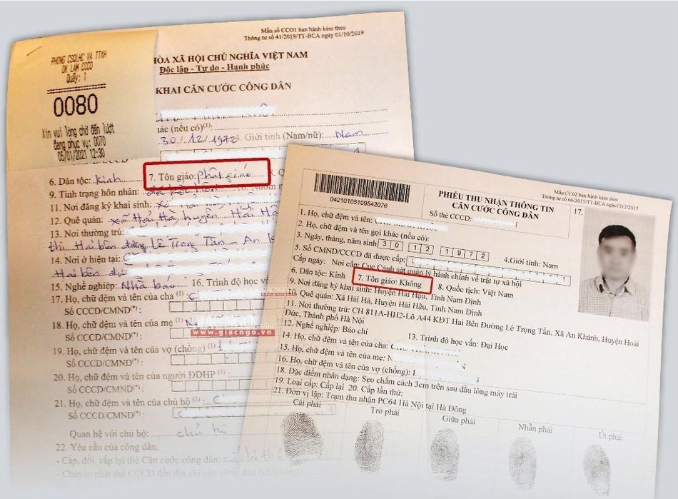 Giấy tờ làm thủ tục kê khai của công dân ghi rõ chữ "Phật giáo" ở mục Tôn giáo và bản in do Phòng Cảnh sát quản lý hành chính về trật tự xã hội của Công an TP.Hà Nội thực hiện, cán bộ đã thay đổi chữ "Phật giáo" thành chữ "Không", trái ý nguyện công dân Chu Minh Khôi - Ảnh: C.M.K Giấy tờ làm thủ tục kê khai của công dân ghi rõ chữ "Phật giáo" ở mục Tôn giáo và bản in do Phòng Cảnh sát quản lý hành chính về trật tự xã hội của Công an TP.Hà Nội thực hiện, cán bộ đã thay đổi chữ "Phật giáo" thành chữ "Không", trái ý nguyện công dân Chu Minh Khôi - Ảnh: C.M.K