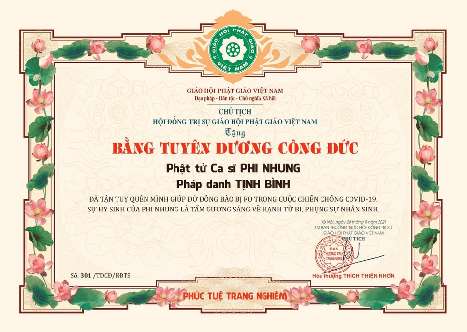 Bằng tuyên dương công đức của Hoà thượng Thích Thiện Nhơn đối với Phật tử - ca sĩ Phi Nhung